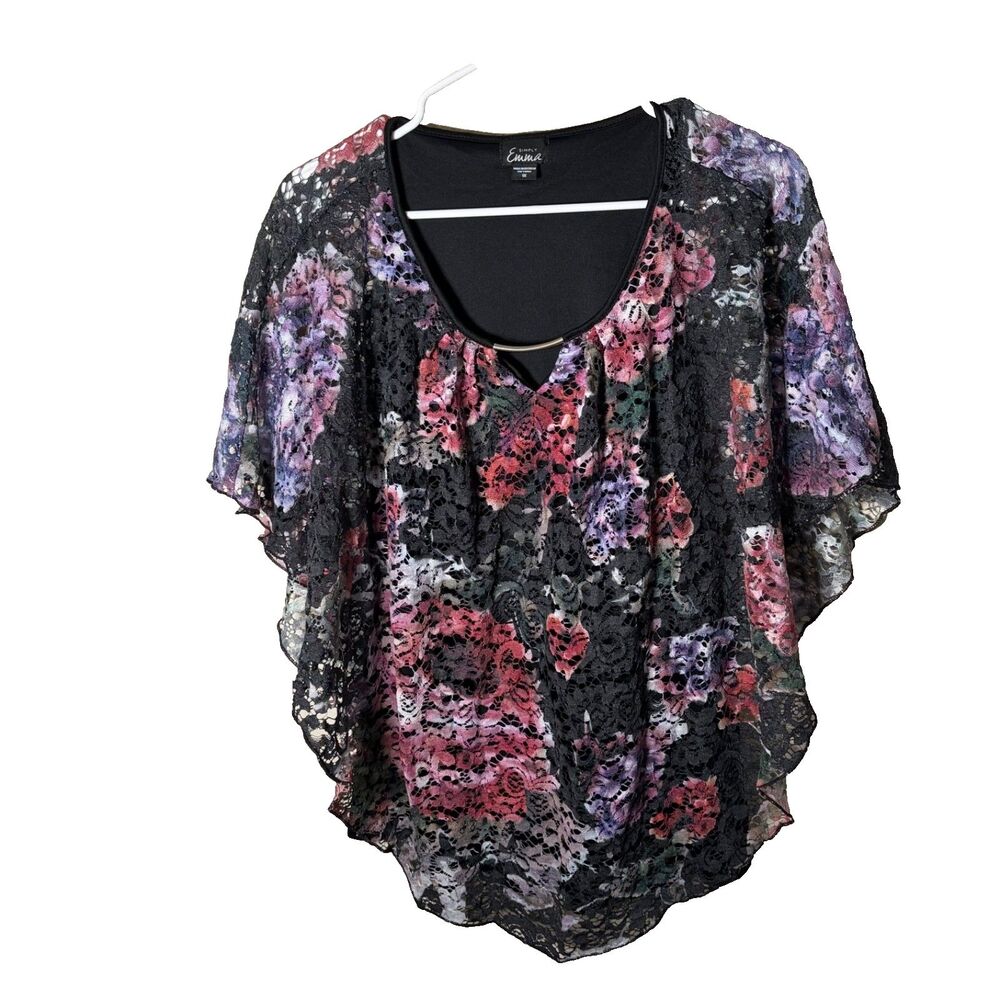 Simply Emma Blouse Women's 1X Lace Keyhole Lined Short Sleeve Boho Casual